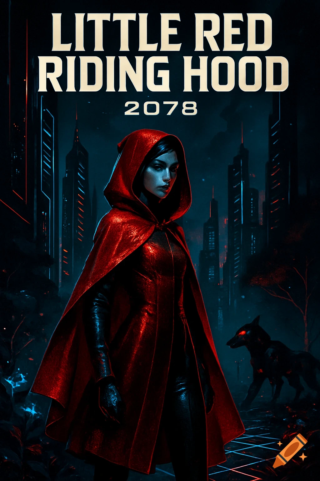 A futuristic Little Red Riding Hood in a red cape stands in a dark cyberpunk city with a glowing-eyed wolf. Book cover art.