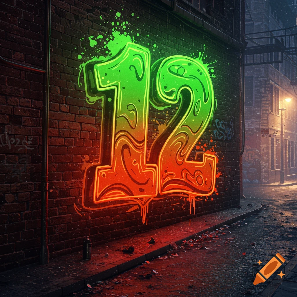 Neon green and orange graffiti of the number 12 on a brick wall in a dark, wet urban alleyway.