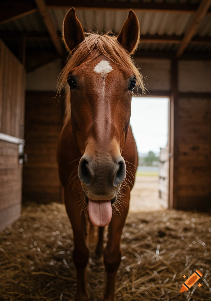 A photorealistic close-up of a brown horse with a white diamond on its forehead, sticking its tongue out while looking at the camera inside a stable.