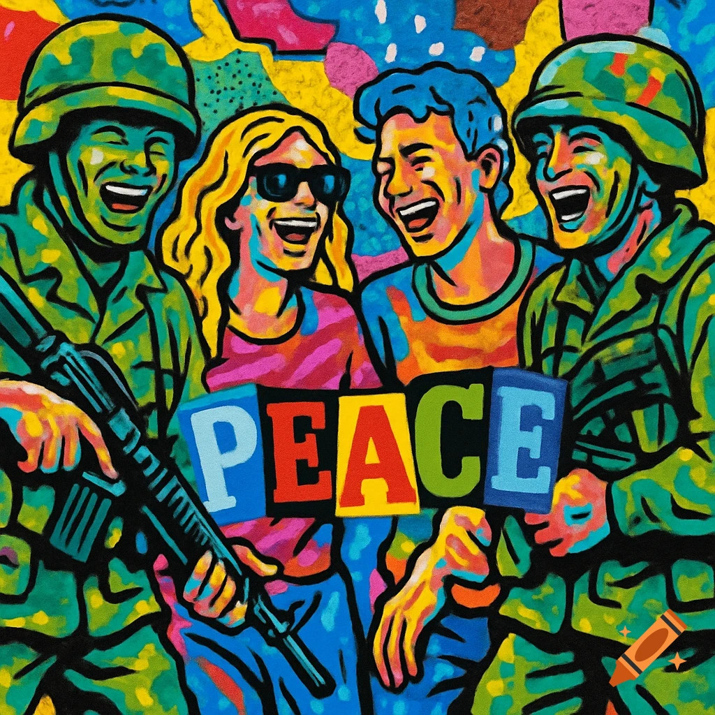 Colorful pop art illustration of two laughing soldiers and two laughing civilians holding up blocks that spell 'PEACE'.