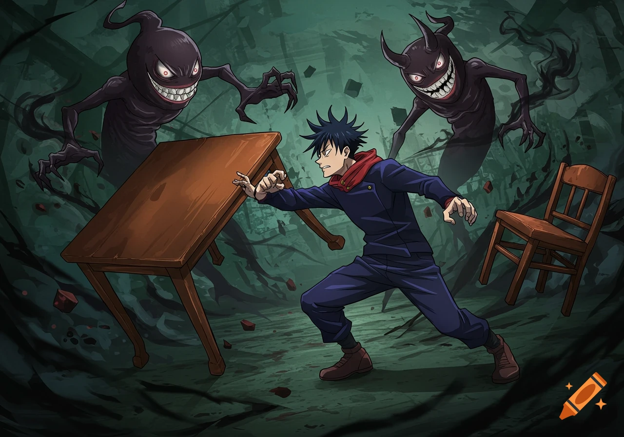 Anime style art of Megumi Fushiguro evading two shadowy, grinning monsters in a dark environment with a floating table and chair.