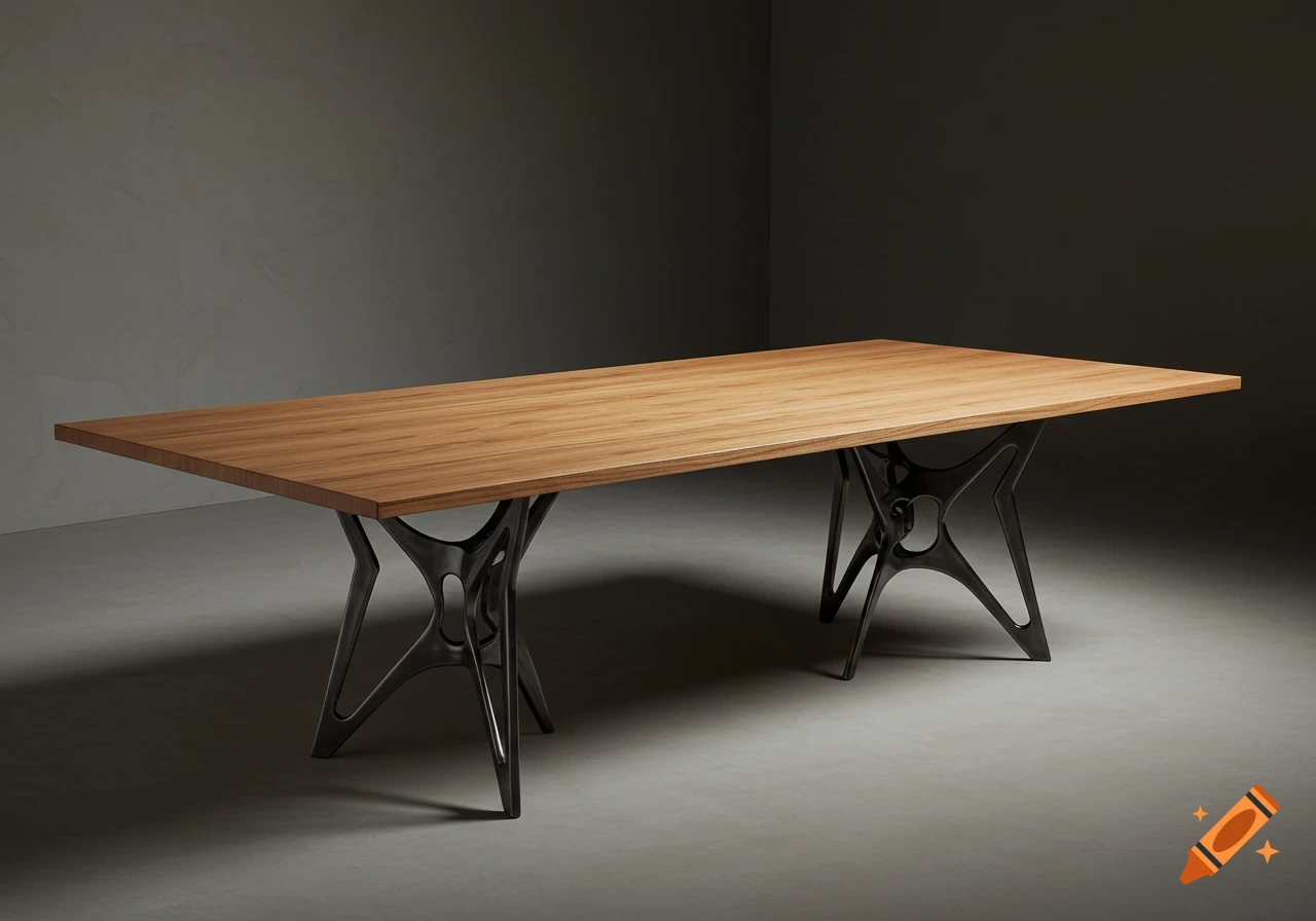 A modern dining table with a rectangular wooden top and elegant, dark, sculptural metal bases on a concrete floor.