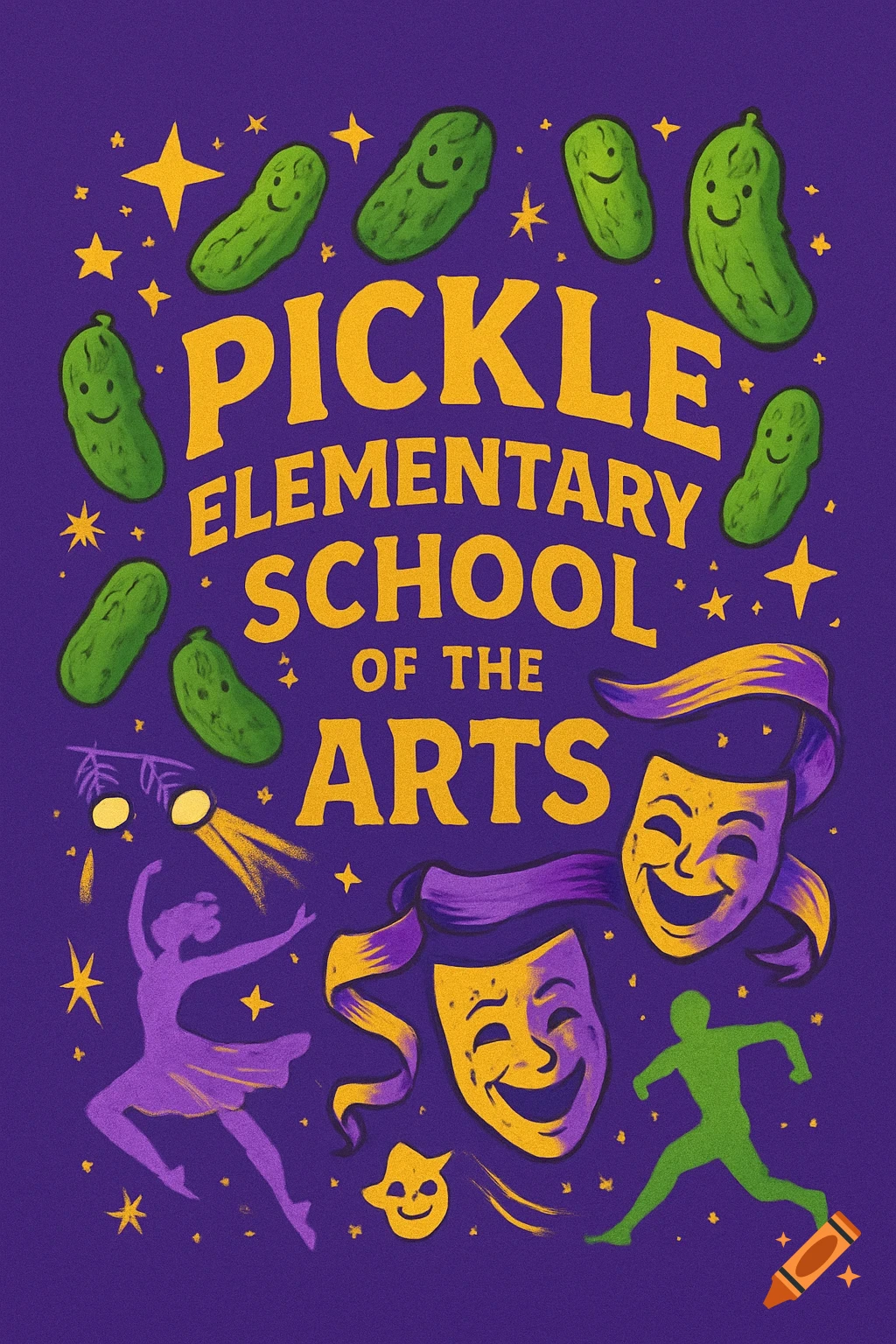 Stylized illustration for Pickle Elementary School of the Arts, featuring smiling pickles, stars, drama masks, a dancer, and a runner on purple.
