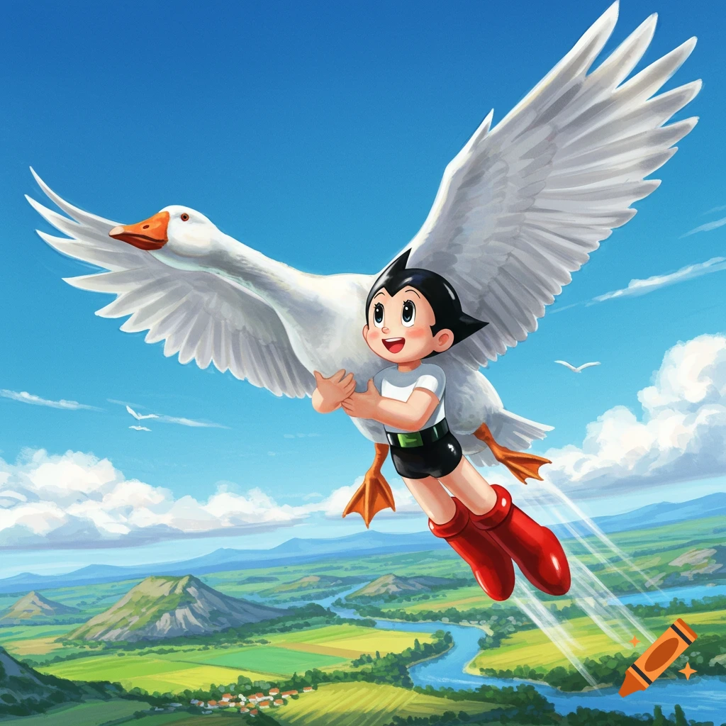 Astro Boy, in a cartoon style, flies high over a vibrant green landscape with a river and mountains, holding onto a large white goose against a bright blue sky.