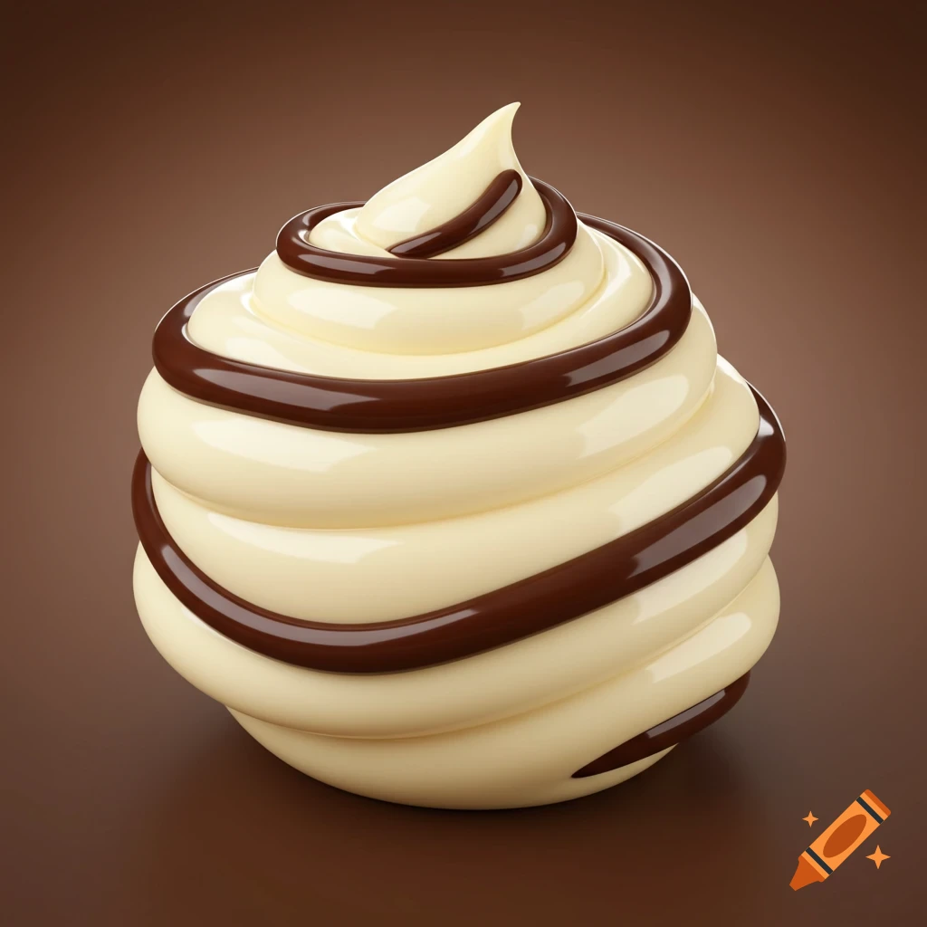A smooth swirl of pale yellow cream, possibly soft-serve or whipped cream, with rich dark chocolate sauce drizzled around it on a brown background.