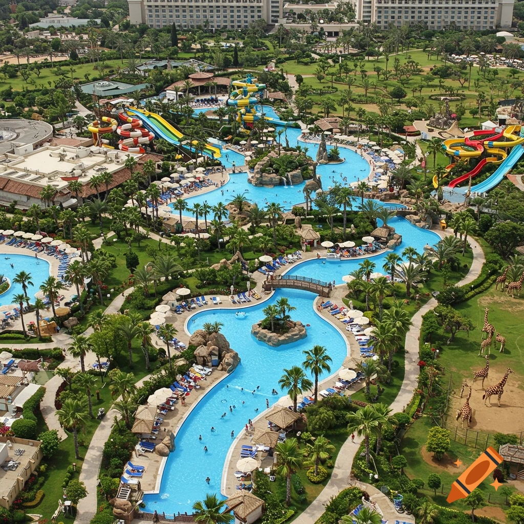 Aerial view of a large resort complex with winding water parks, swimming pools, palm trees, and a park featuring giraffe statues.