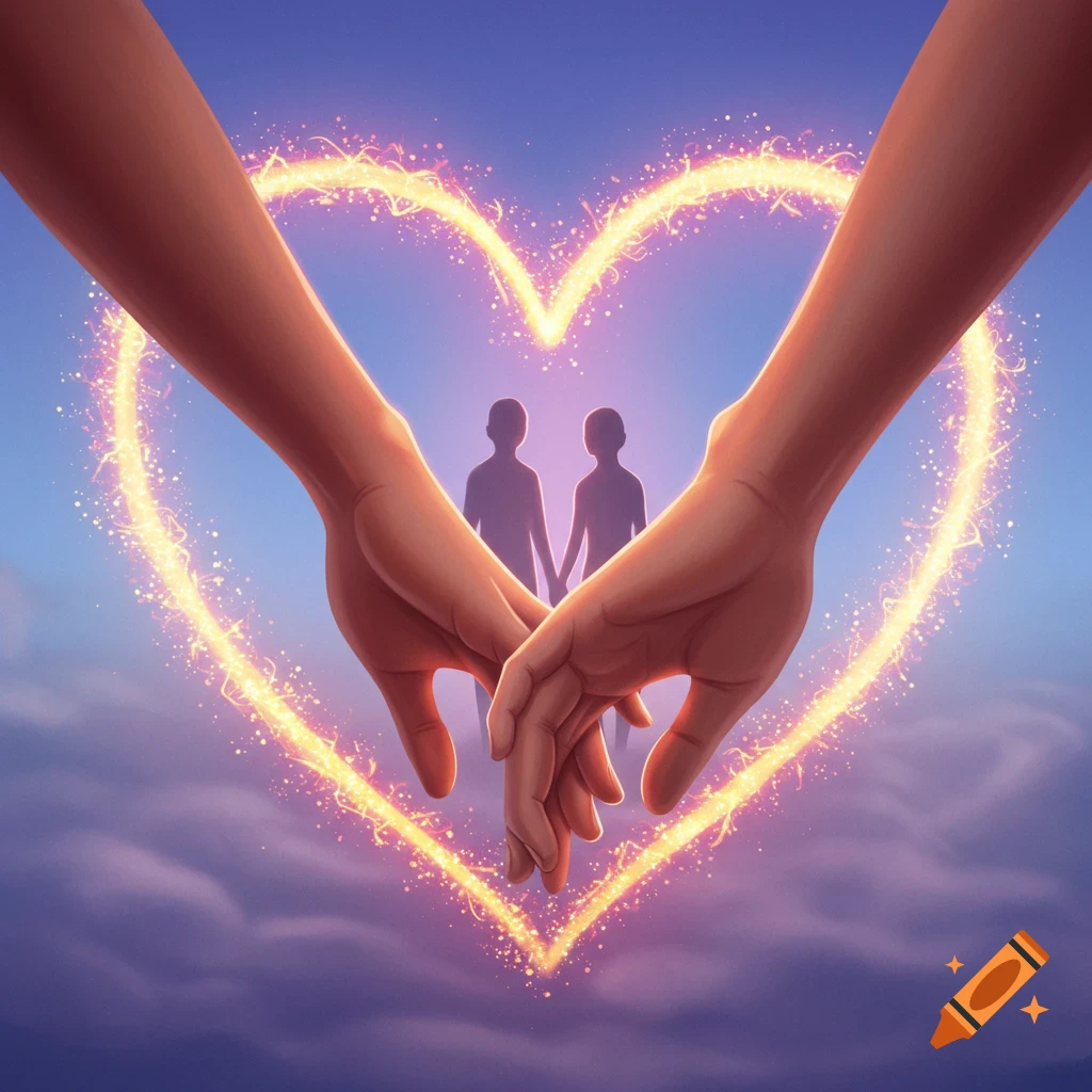 Two hands holding, forming a glowing heart, with two silhouetted figures in the background against a blue sky.
