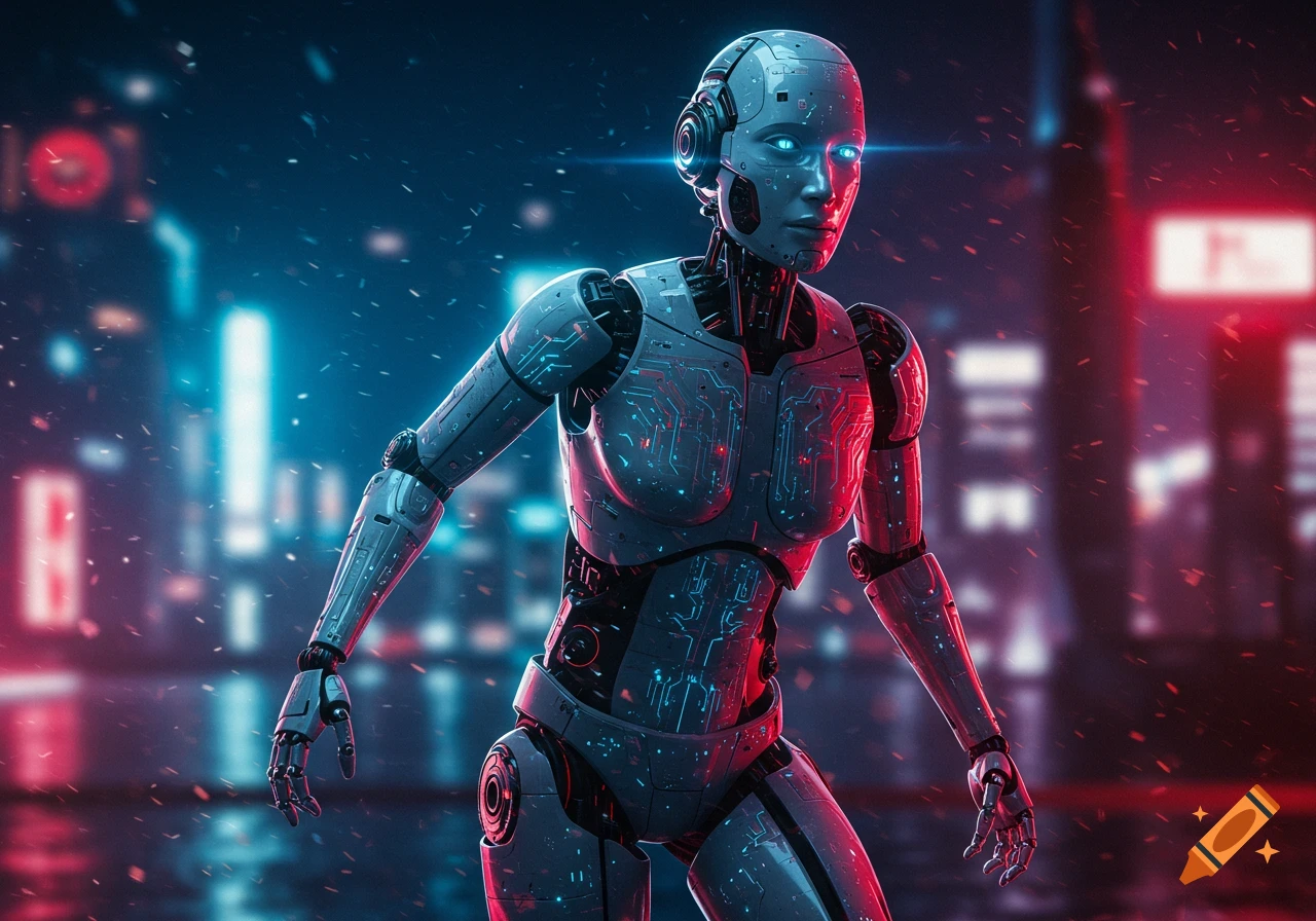 Photorealistic female android with glowing blue eyes in a vibrant, neon-lit cyberpunk city at night.