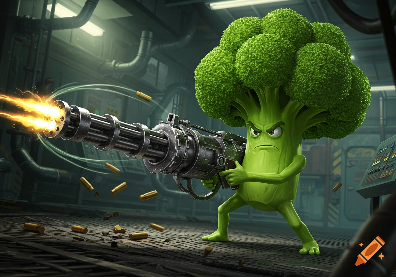 A fierce-looking cartoon broccoli character fires a large minigun in a gritty, industrial setting, with shell casings flying.