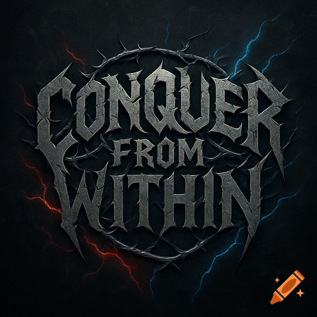 A dark, spiky, metallic thrash metal band logo for 'Conquer From Within' with red and blue lightning effects.