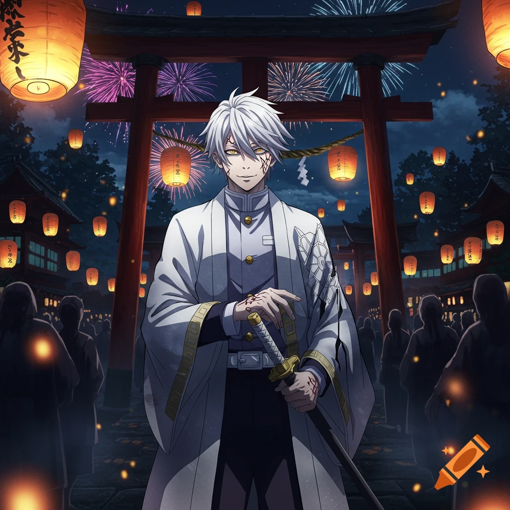 Anime man with white hair, yellow eyes, and katana at a night Japanese festival with lanterns and fireworks.