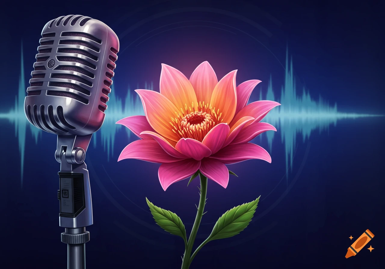 Digital art of a vibrant pink and orange flower next to a vintage silver microphone, against a blue background with sound waves.