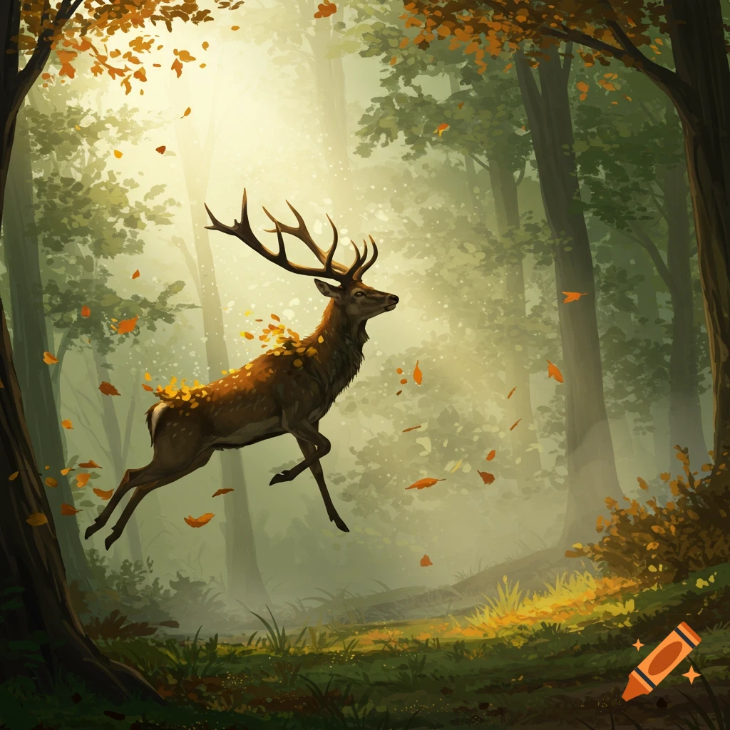 A majestic stag with autumn leaves on its back leaps through a sunlit, misty forest, digital painting.