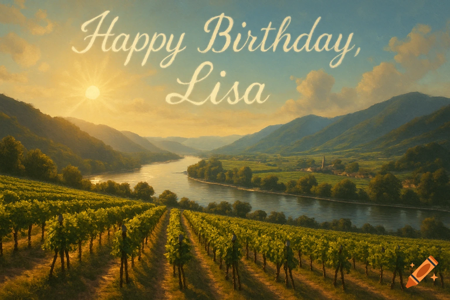 Painterly landscape of vineyards and a river valley at sunrise, with 'Happy Birthday, Lisa' text in the sky.
