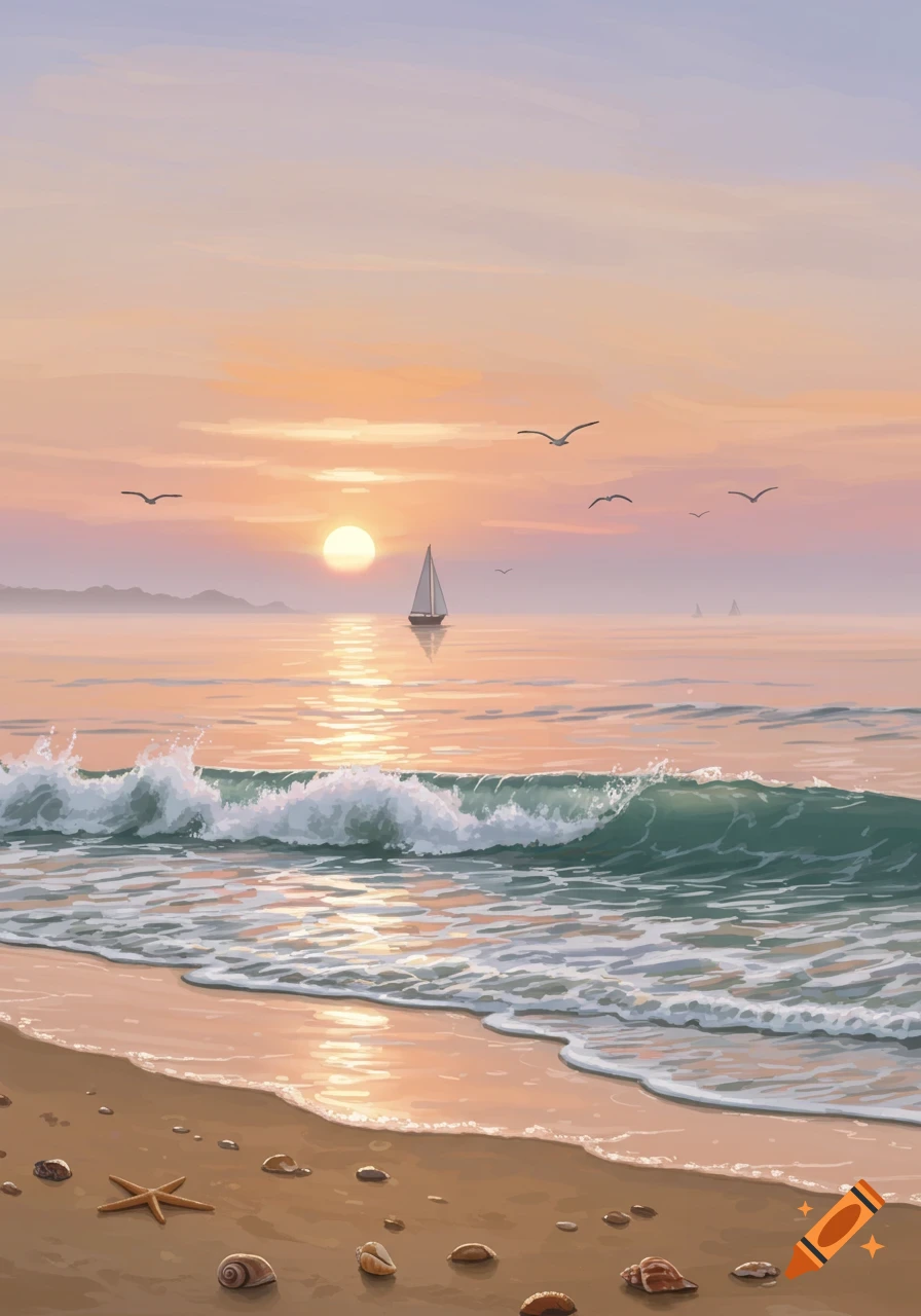 A serene painted sunset scene on a beach with soft orange and purple hues, a sailboat on the water, waves, seashells, and a starfish on the sand.