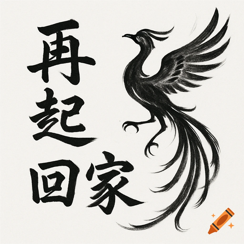 Black ink brush painting of a phoenix and Chinese calligraphy '再起回家' on a white background.