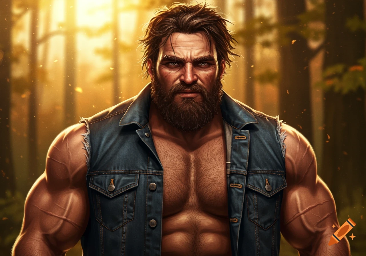 A stylized portrait of a buff, hairy man with a beard, wearing an open denim vest, in a sunlit forest.