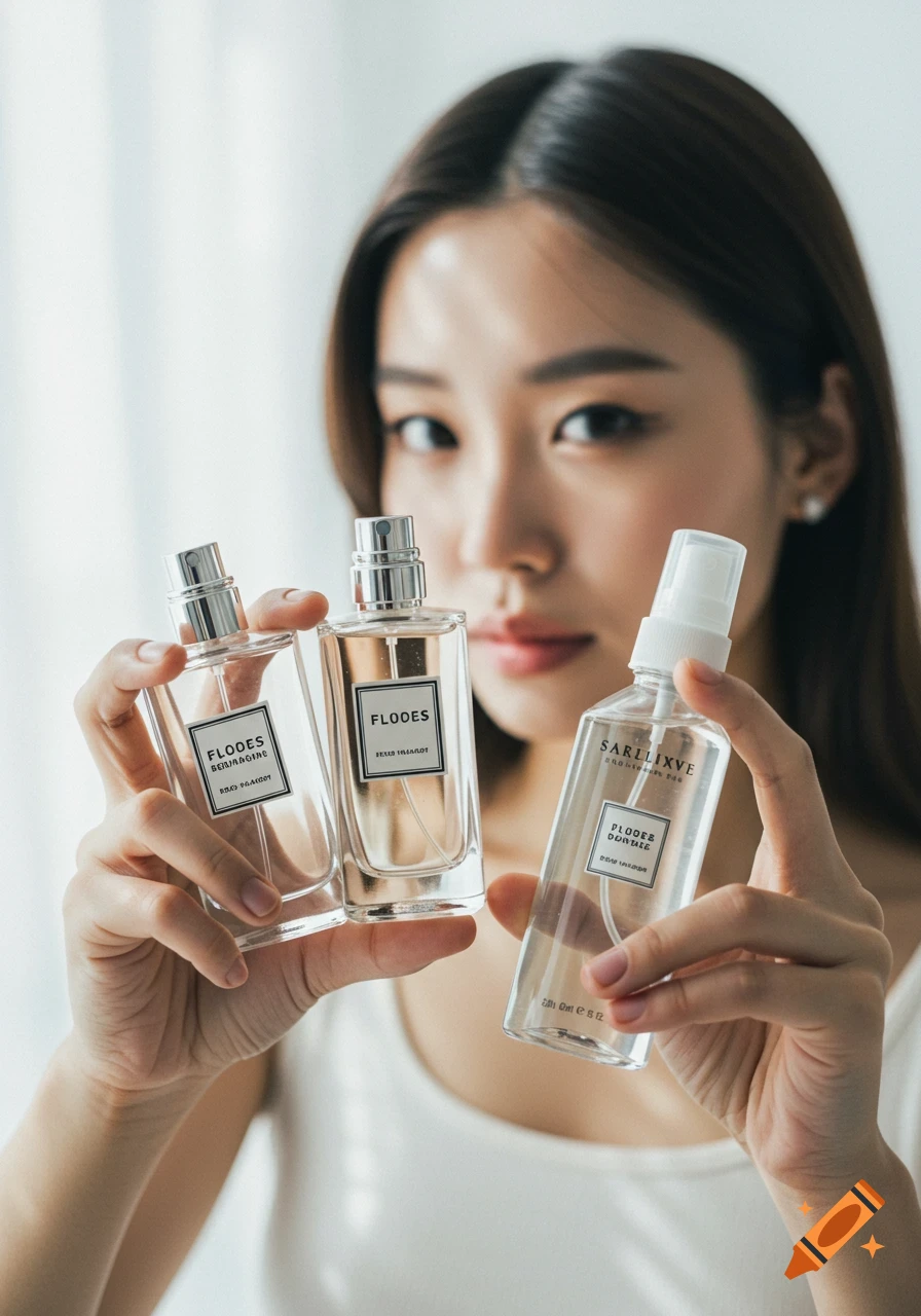 A young woman, face out of focus, holds three perfume and body spray bottles towards the viewer in a soft-lit, minimal aesthetic.