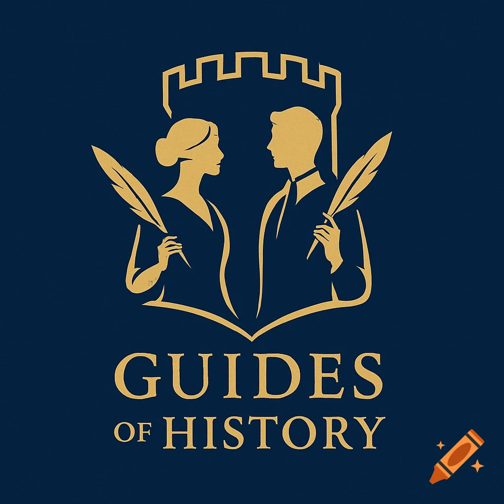 Gold silhouette logo on dark blue: a man and woman holding quills, framed by a castle battlement and open book. Text: GUIDES OF HISTORY.