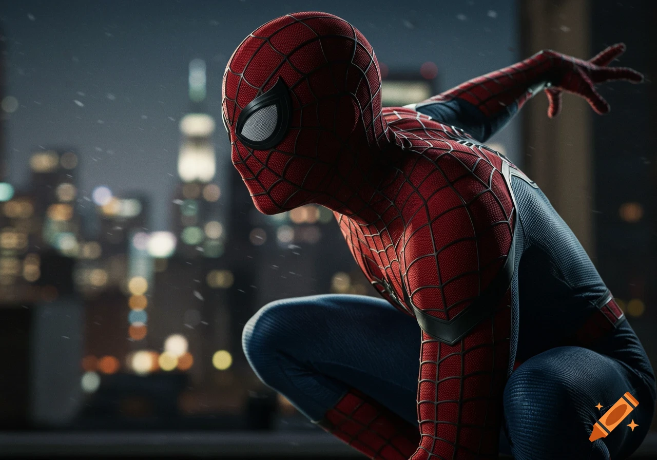 Photorealistic image of Spider-Man crouching on a rooftop at night, overlooking a blurry city skyline.