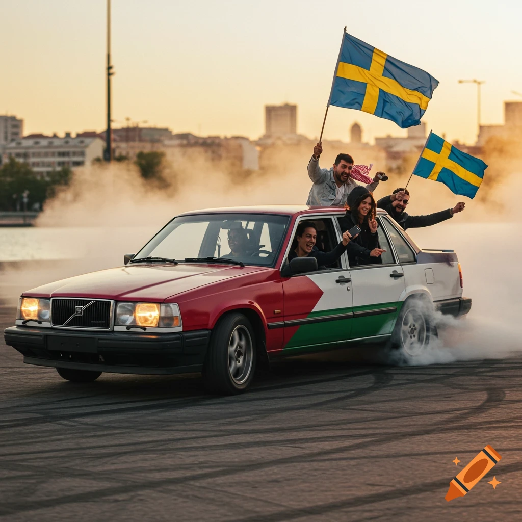 Photorealistic image of a Volvo 940 painted with the Palestinian flag doing a burnout. Happy people wave Swedish flags from the car.