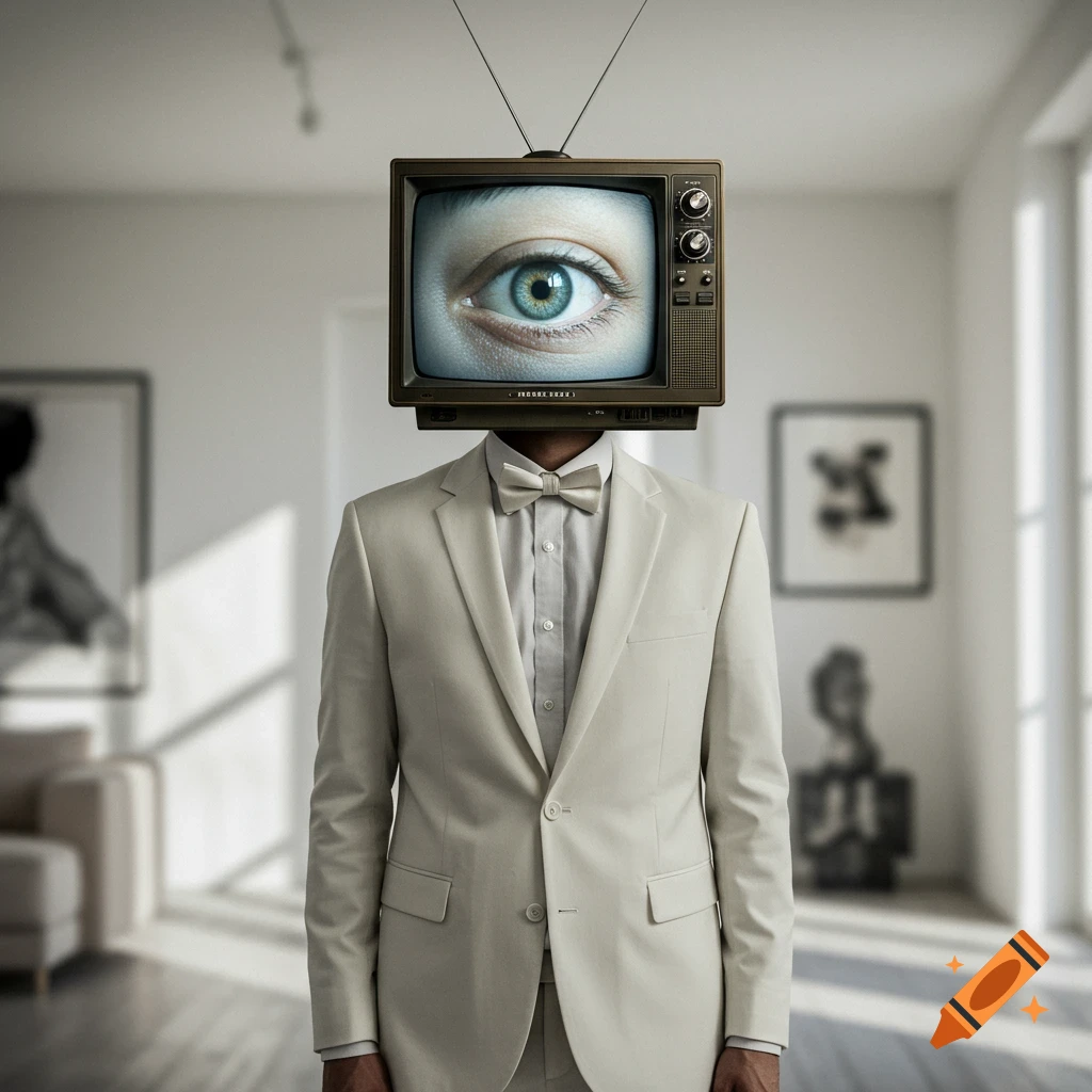 A man in a light-colored suit with a retro television for a head, displaying a large blue eye on its screen in a minimalist room.