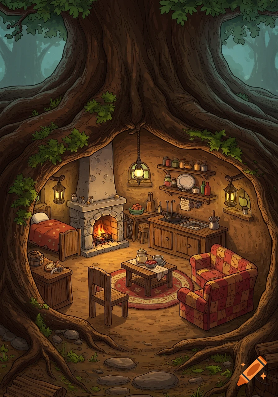 Whimsical illustrated cozy home inside a giant tree trunk with a fireplace, bed, kitchen, and sitting area.