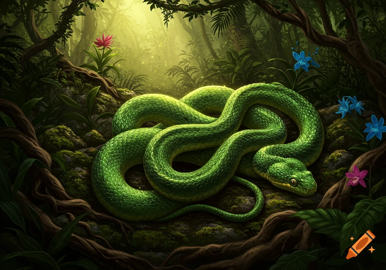 A vibrant green snake with intricate scales coiled on mossy ground in a sunlit, dense jungle.