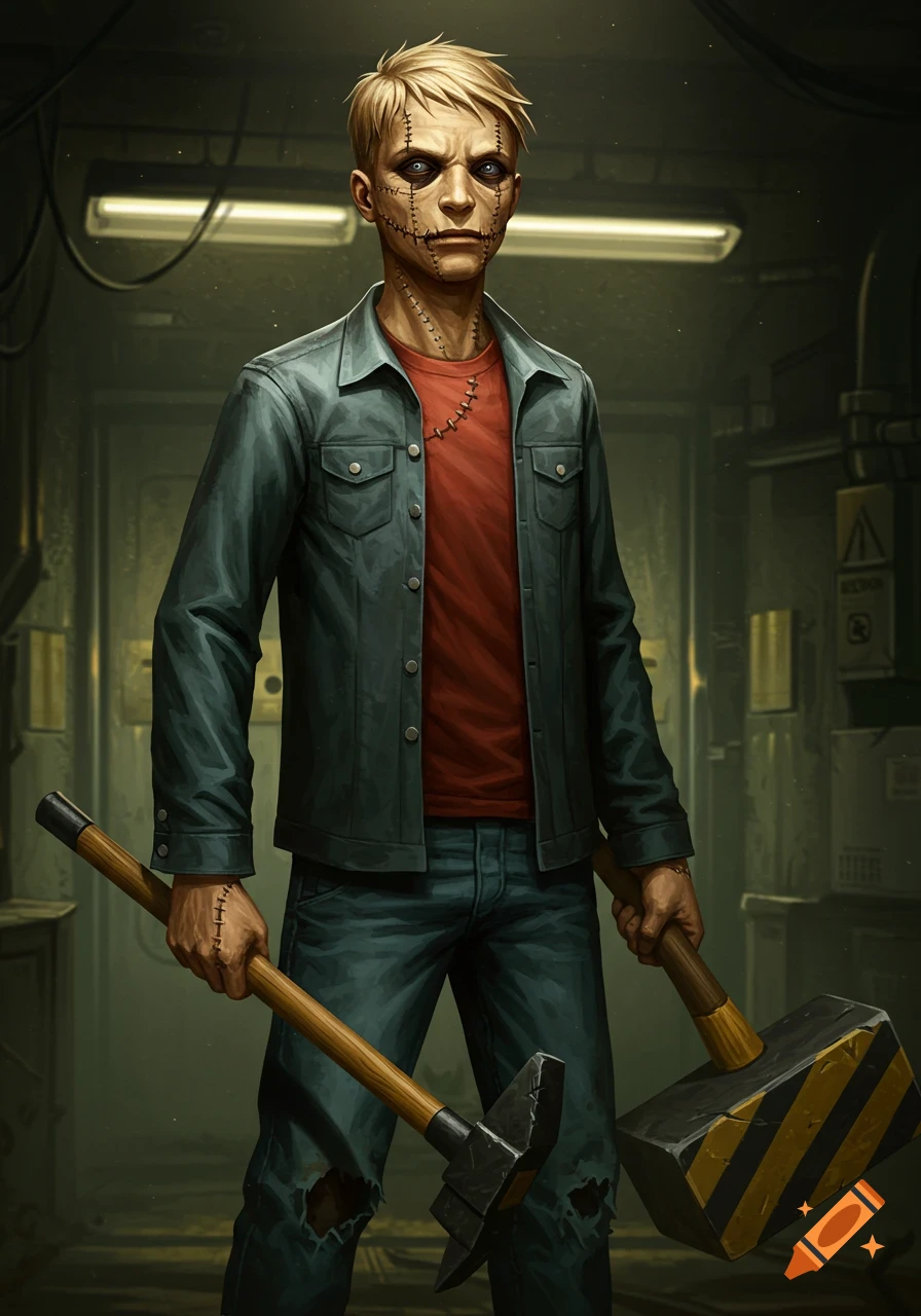 A blonde male character with a stitched, puppet-like face, wearing a red shirt, blue jacket, and ripped jeans, holds a pickaxe and a yellow and black striped sledgehammer in a dim industrial setting.