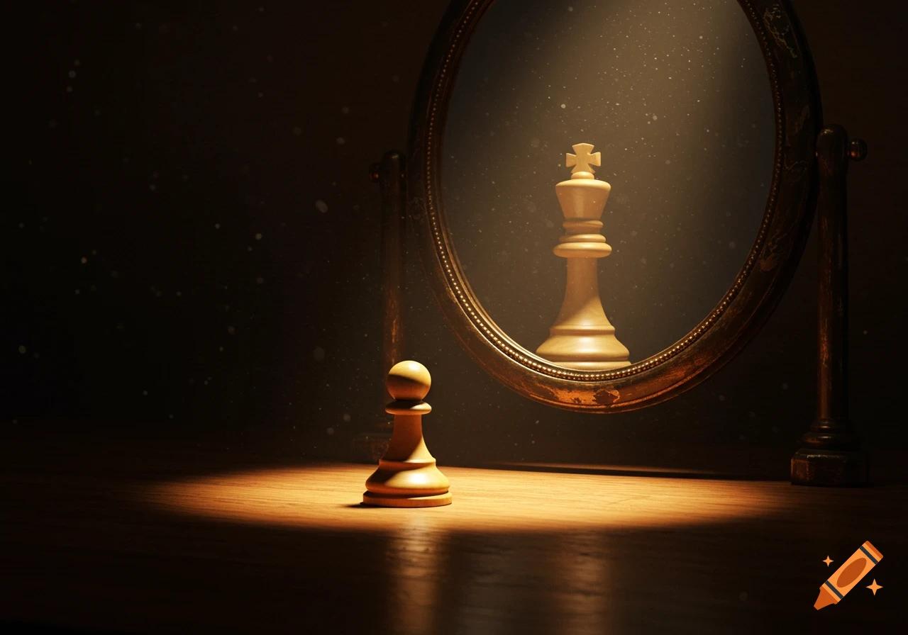 A chess pawn looks into an ornate mirror, which reflects a chess king, on a dimly lit wooden table.