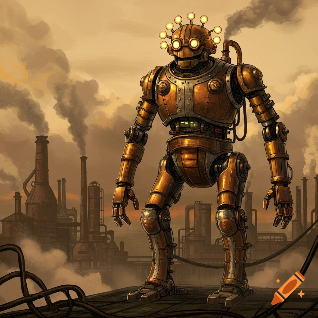 A detailed steampunk robot with glowing eyes and head lights stands on a platform in a smoky industrial landscape.