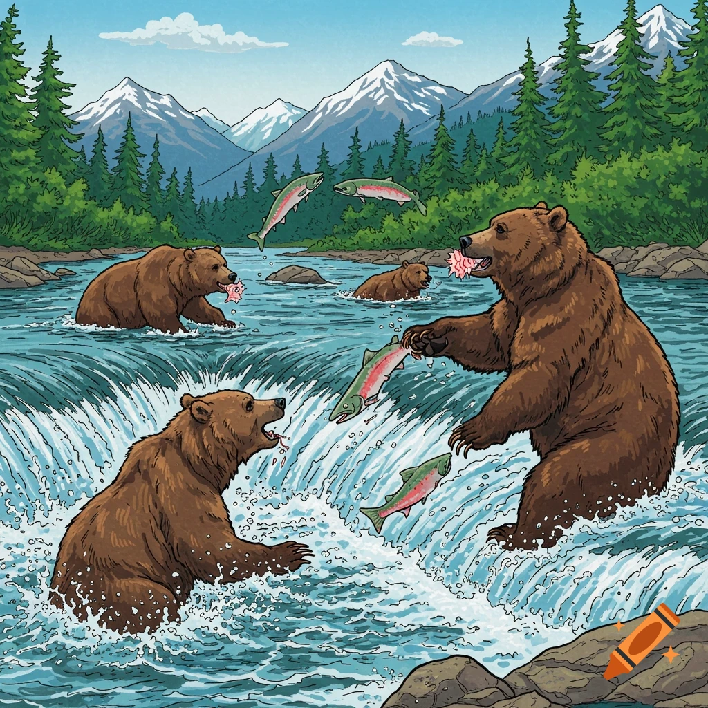 Brown bears catching salmon in a river with mountains and forests in the background, comic book style.