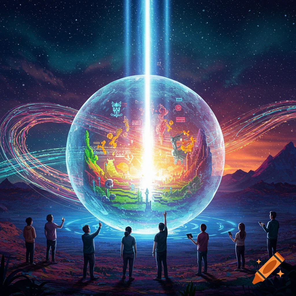 A group of people gaze at a large glowing sphere with digital landscapes inside, bathed in light beams from the sky, set in a vibrant, futuristic landscape.