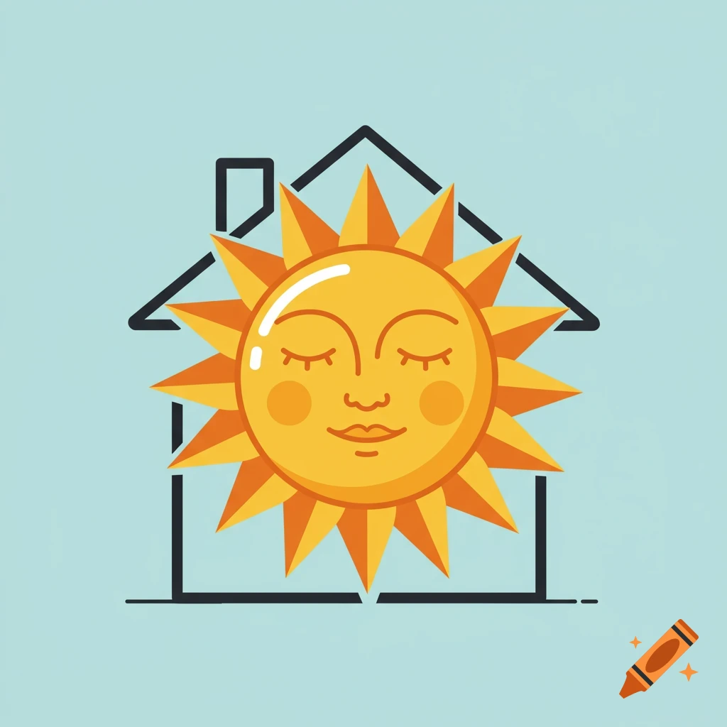 Minimalist illustration of a happy, sleeping cartoon sun with closed eyes and a smile, framed by the black outline of a house on a light blue background.