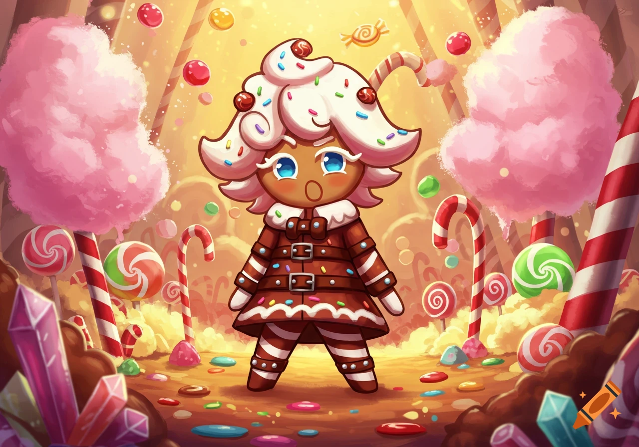 A colorful, cartoon-style gingerbread character with icing hair and a brown coat, surrounded by giant candies in a candy land.