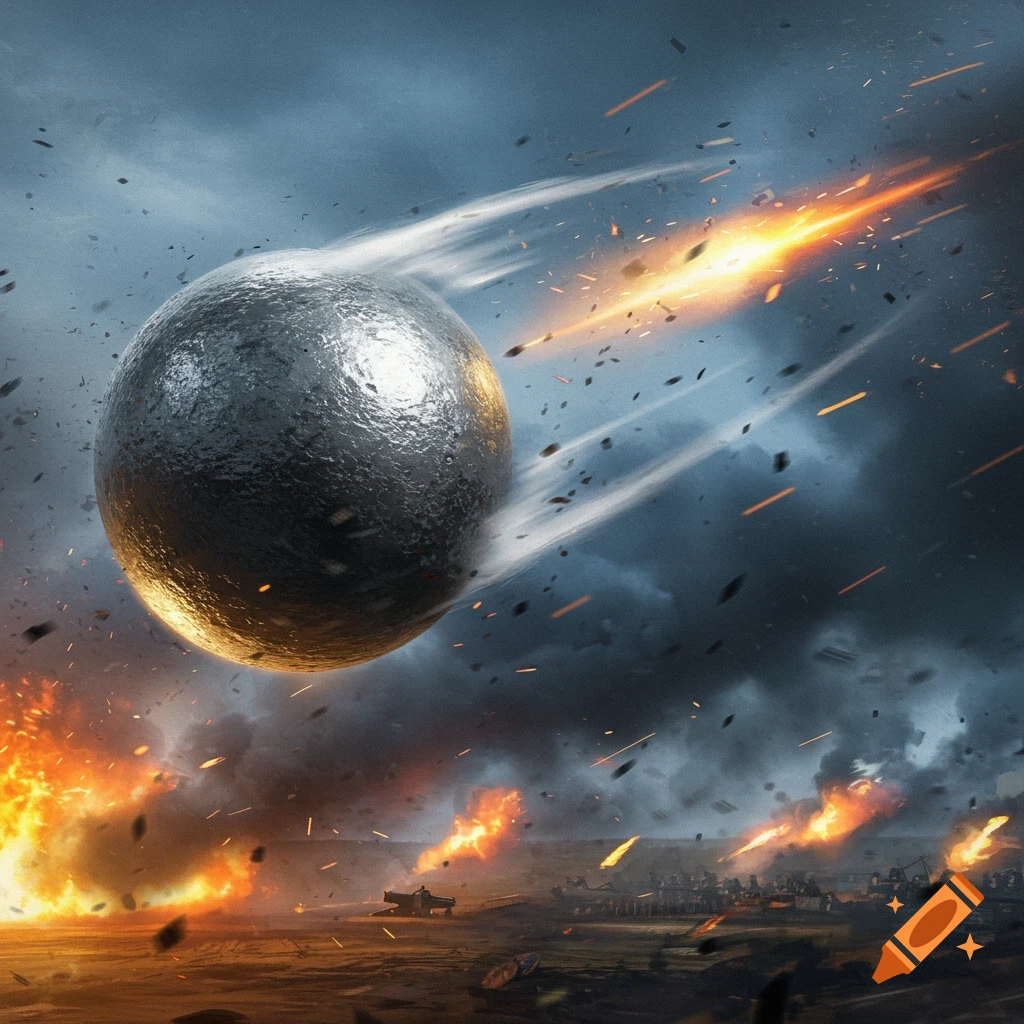 A large, textured cannonball streaks through a dark, stormy sky over a fiery, explosion-filled battlefield.