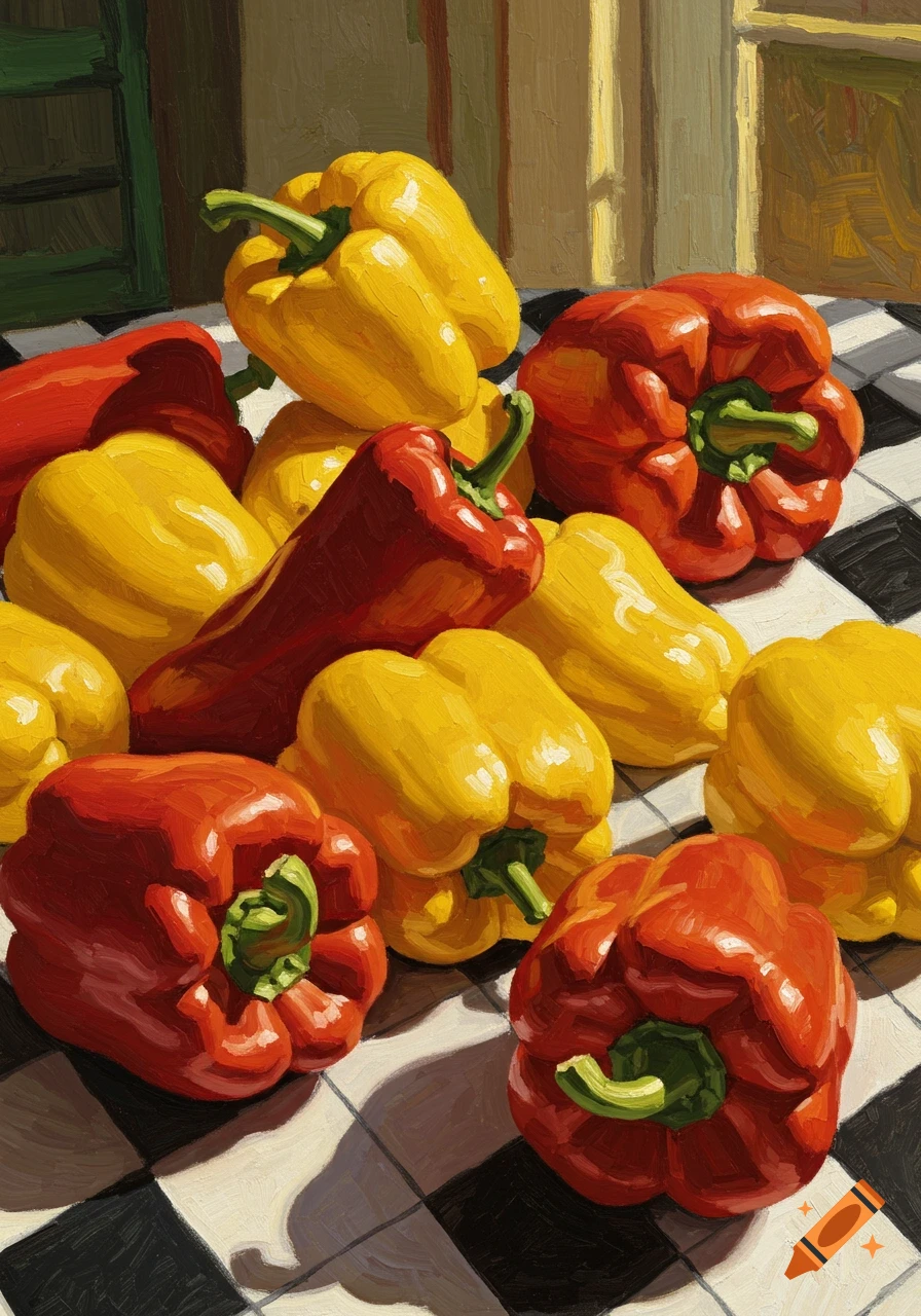 Still life oil painting of red and yellow bell peppers on a black and white checkered tablecloth, in a Van Gogh style.