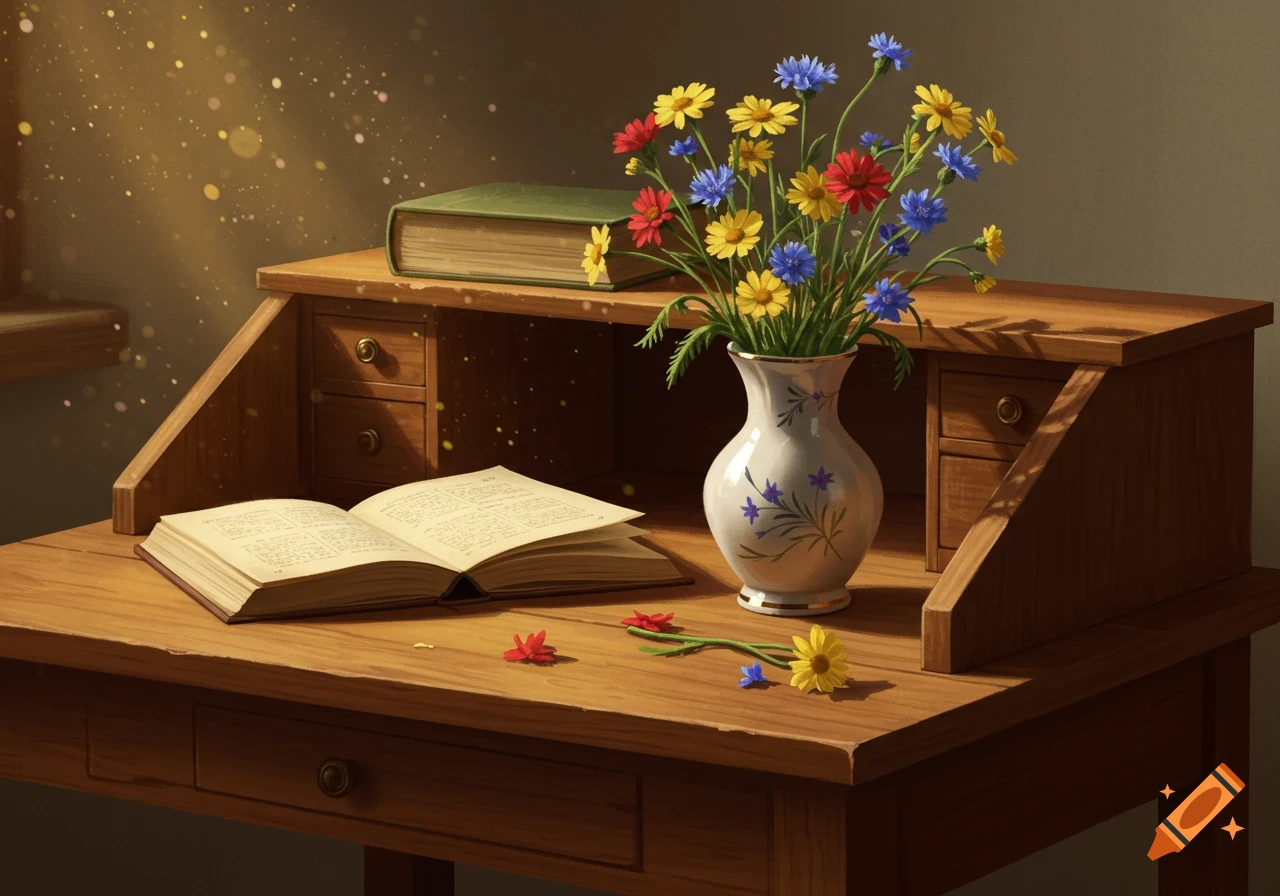 Colorful flowers in a vase, an open book, and another book on a sunny wooden desk, painterly style.