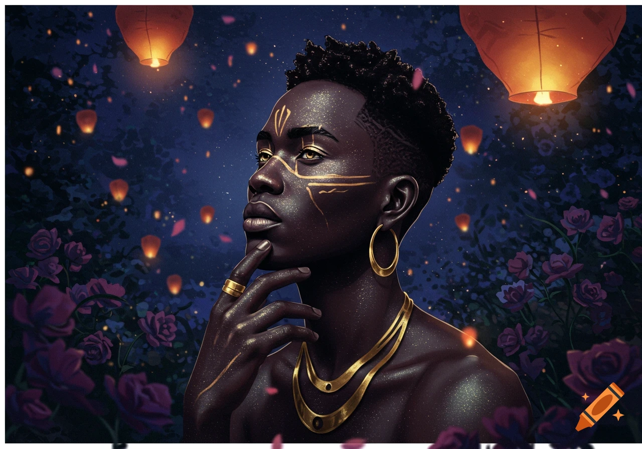 A dark-skinned person with gold facial markings and jewelry, contemplating amidst glowing lanterns and purple roses. Artistic illustration.