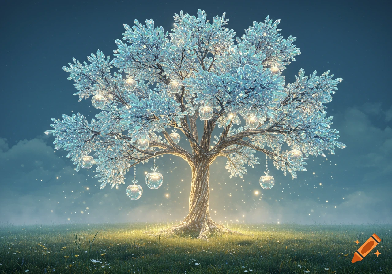 A glowing magical tree with blue crystal leaves and crystal apple ornaments in a misty grassy field.