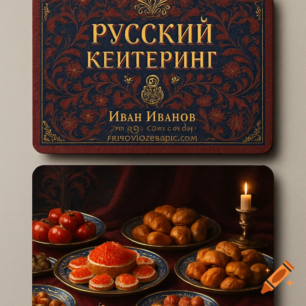 A dark, ornate business card design for 'Russian Catering' by 'Ivan Ivanov' above a lavish spread of Russian food, including blini with red caviar and pirozhki, lit by candlelight.