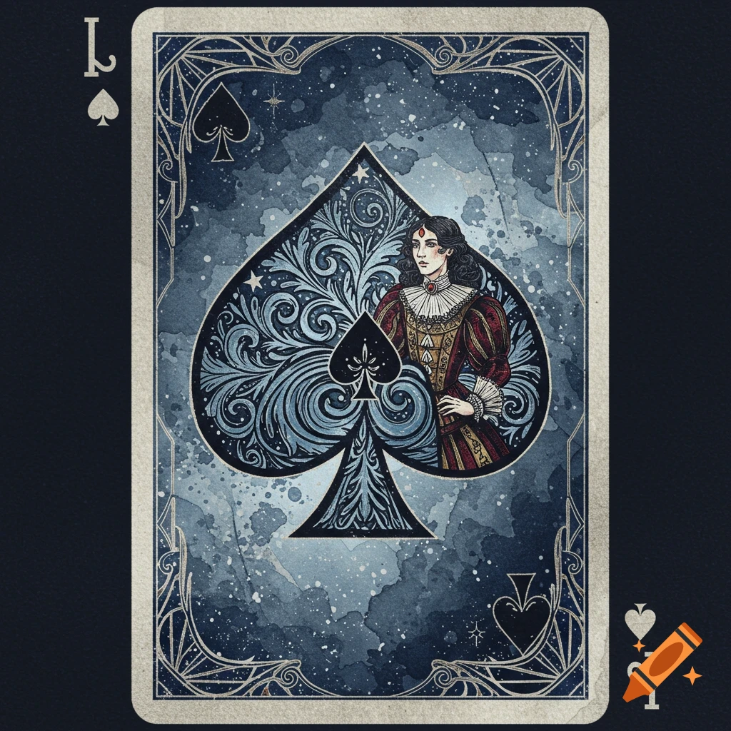 A stylized playing card, a custom Queen of Spades, with a regal woman's portrait inside the main spade symbol on a blue watercolor background.
