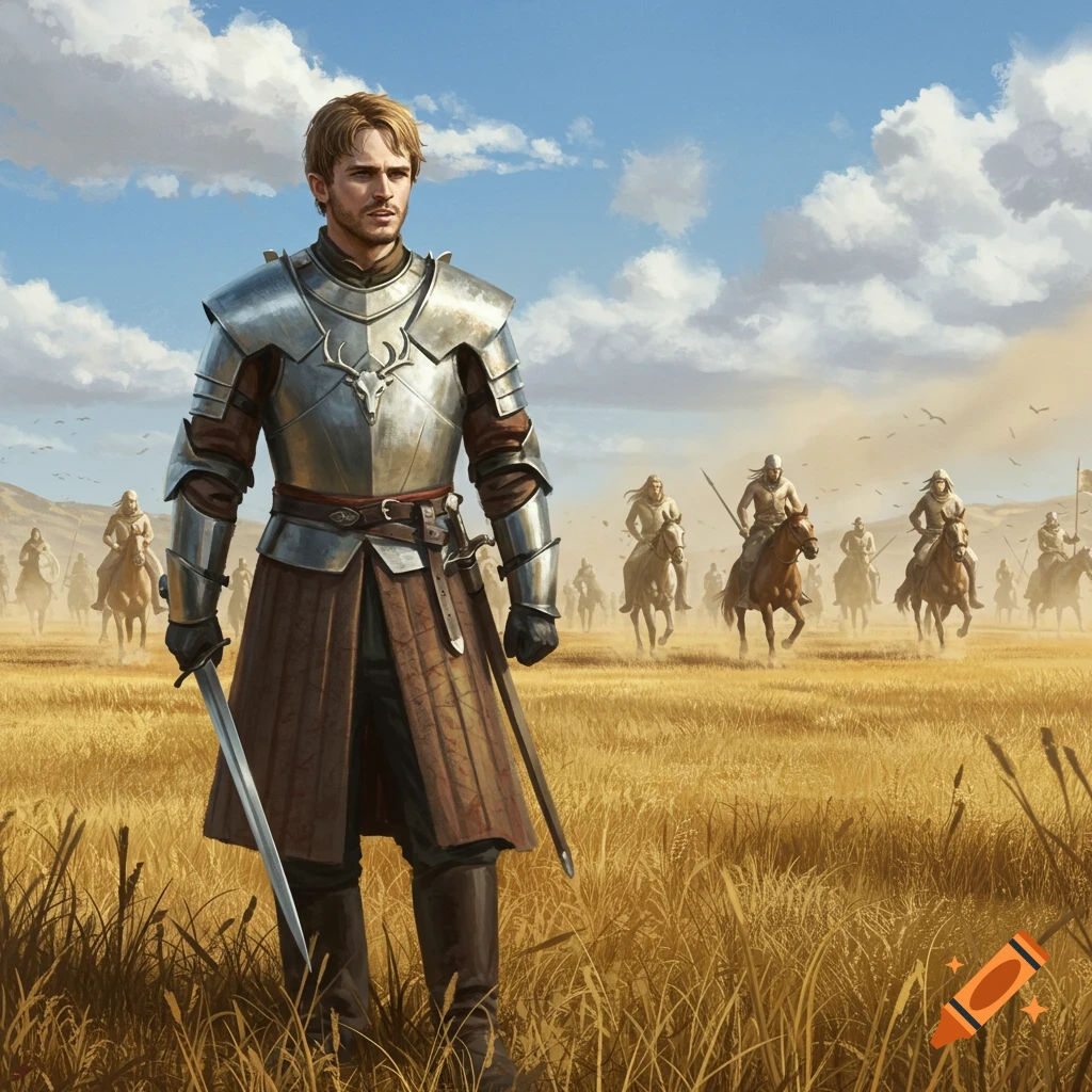 A male knight in shining armor stands in a golden field with a drawn sword, facing a distant horde of horseback riders under a blue sky. Digital painting.