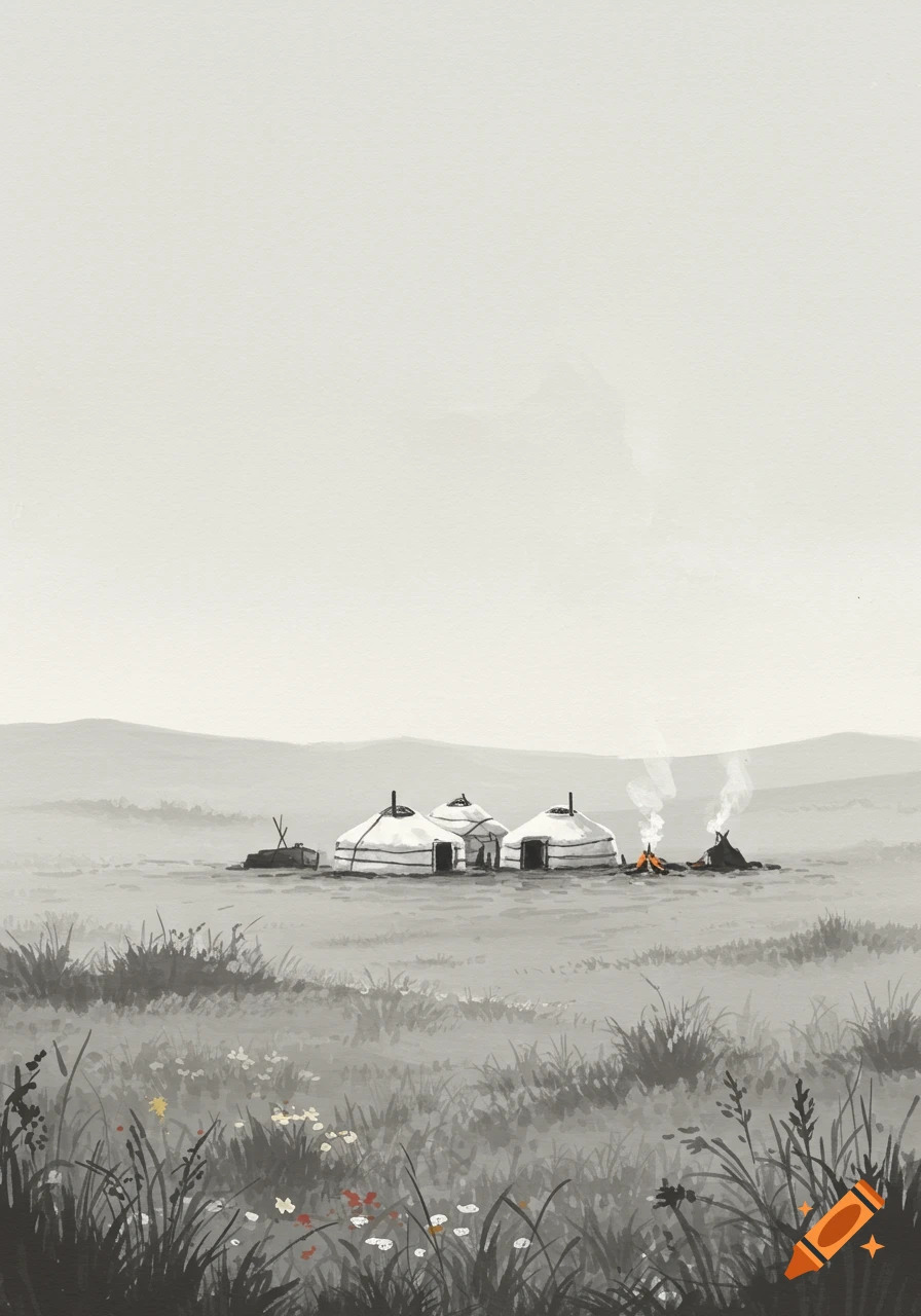 Minimalist ink drawing of yurts in a vast, monochrome Mongolian grassland with distant hills.