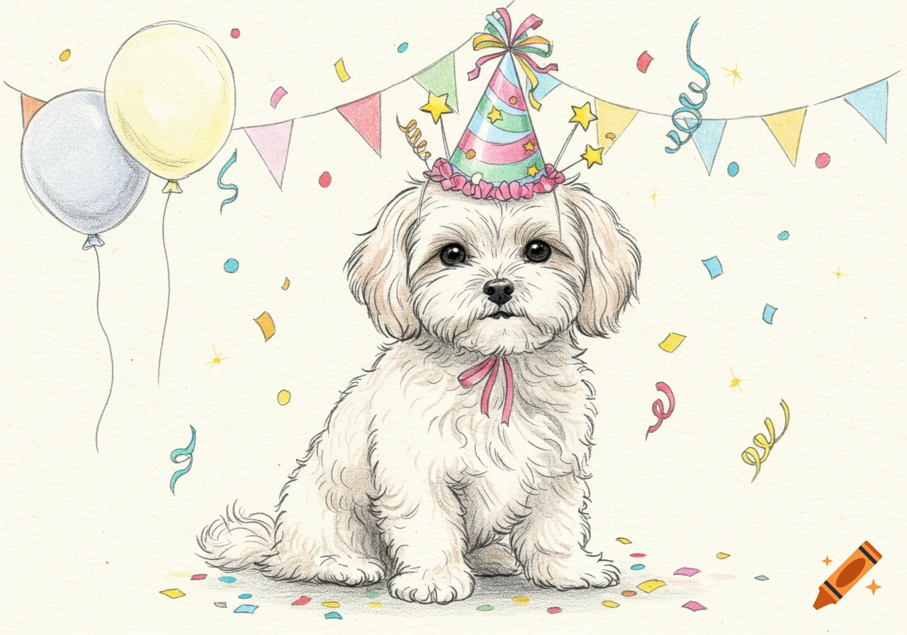 A colored pencil sketch of a cute Maltipoo puppy wearing a party hat, sitting amidst colorful confetti and balloons.