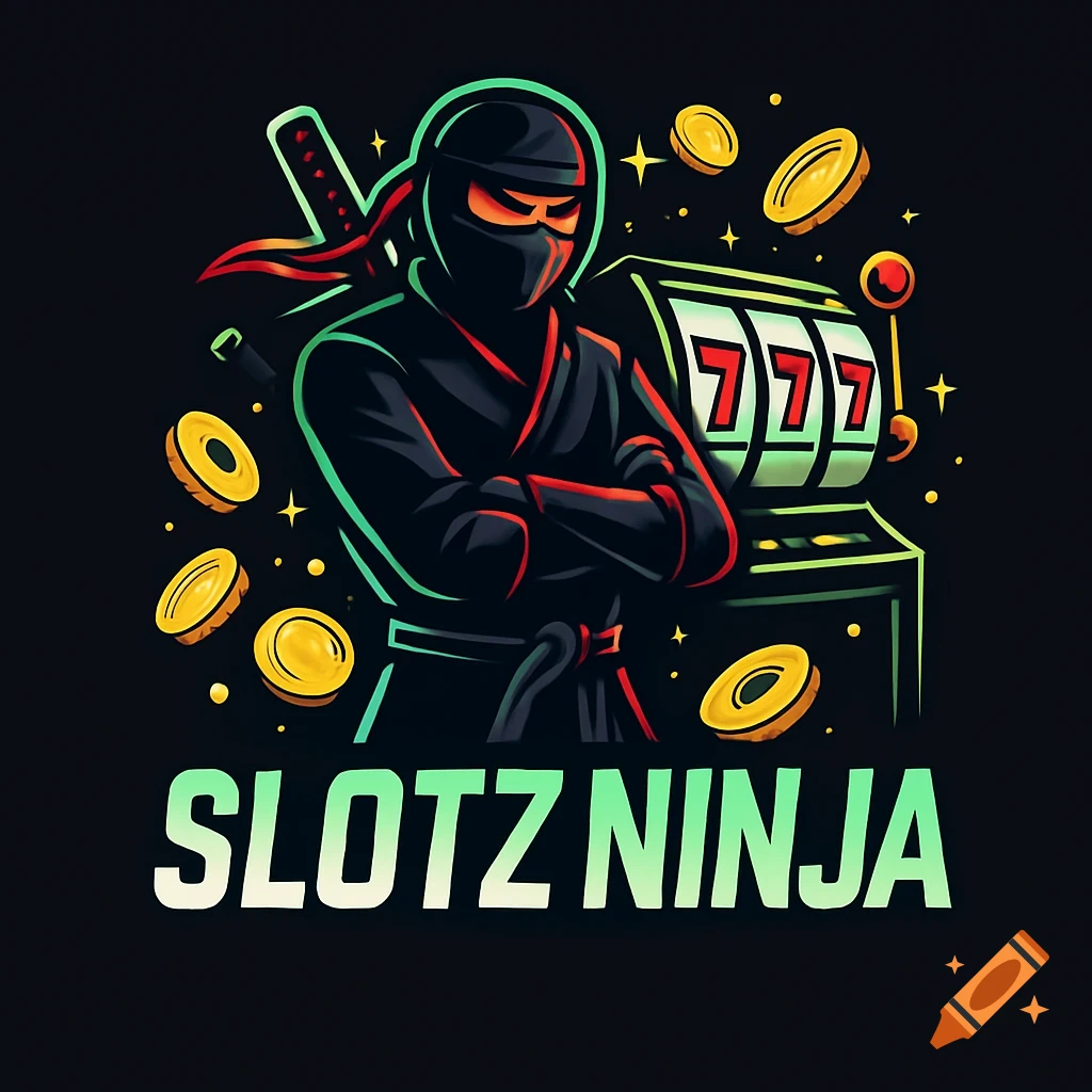 A bold, modern logo featuring a stealthy ninja with crossed arms next to a slot machine displaying '777', surrounded by coins, with 'SLOTZ NINJA' text.