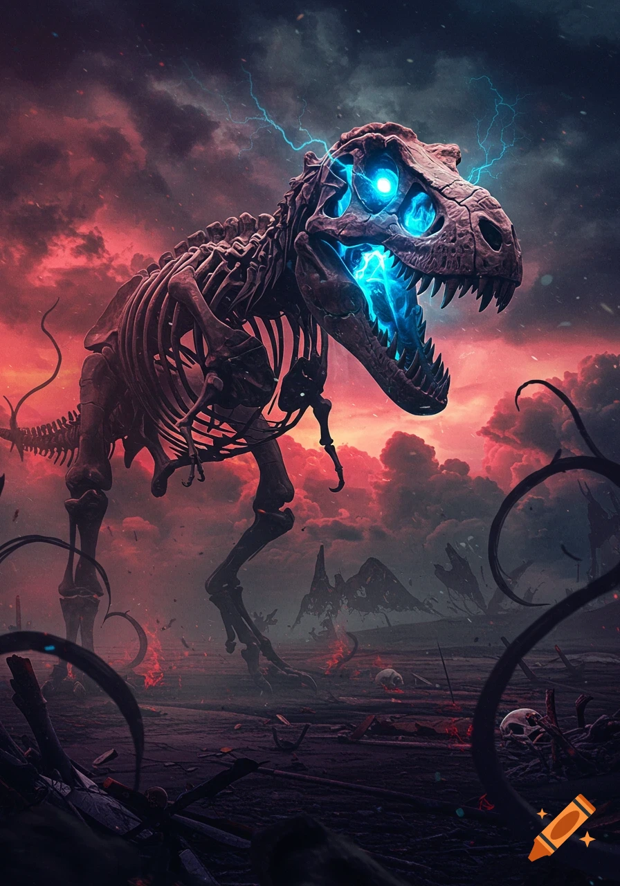 A glowing blue T-Rex skeleton with lightning stands in a desolate, stormy landscape under a reddish sky.