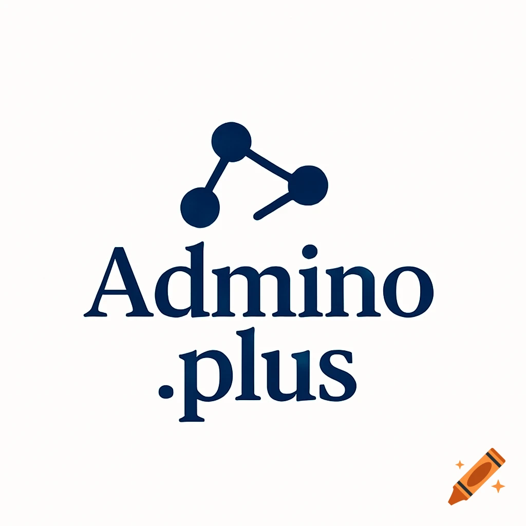 Blue logo with interconnected dots icon above the text 'Admino.plus' on a white background.