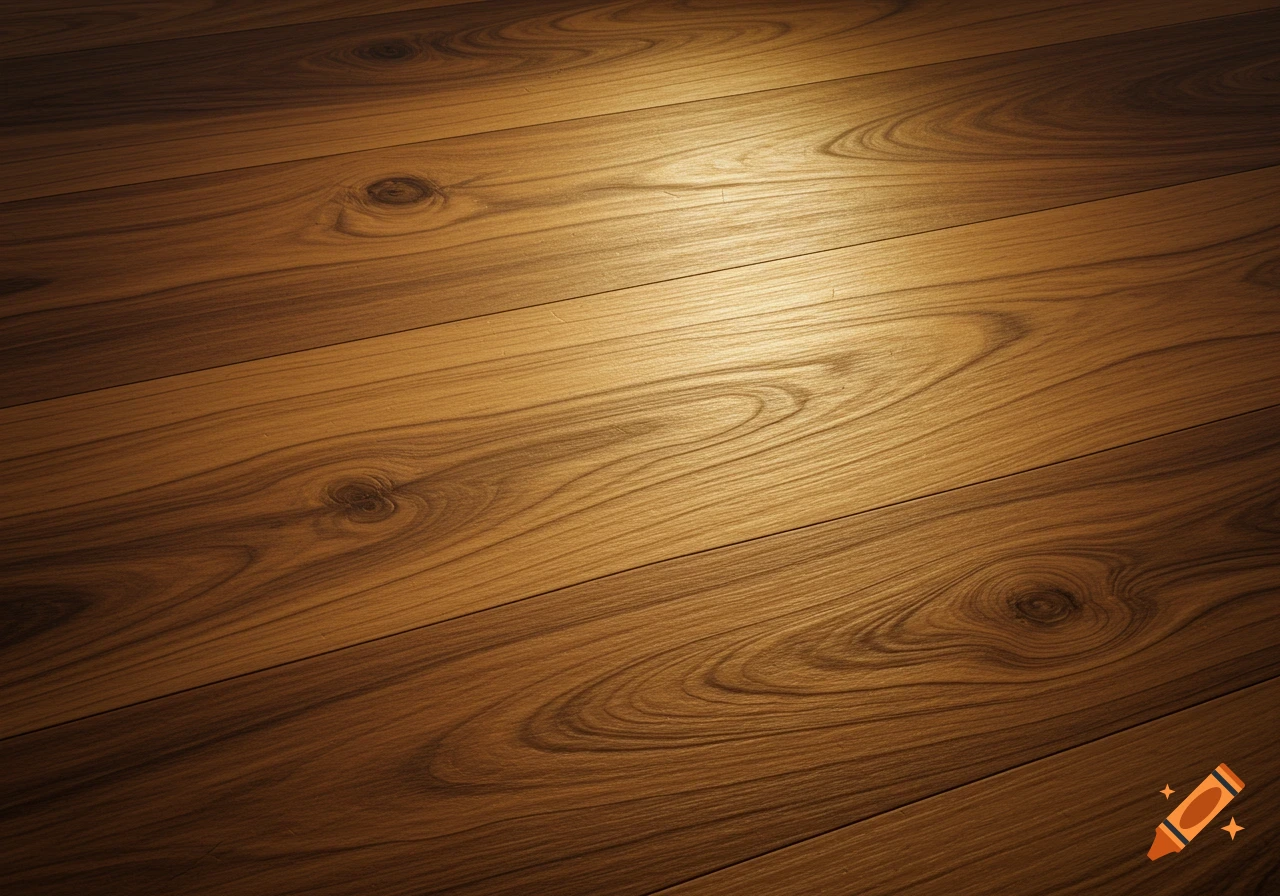 Close-up of polished dark wood floor planks with prominent grain patterns and a warm spotlight on the surface.