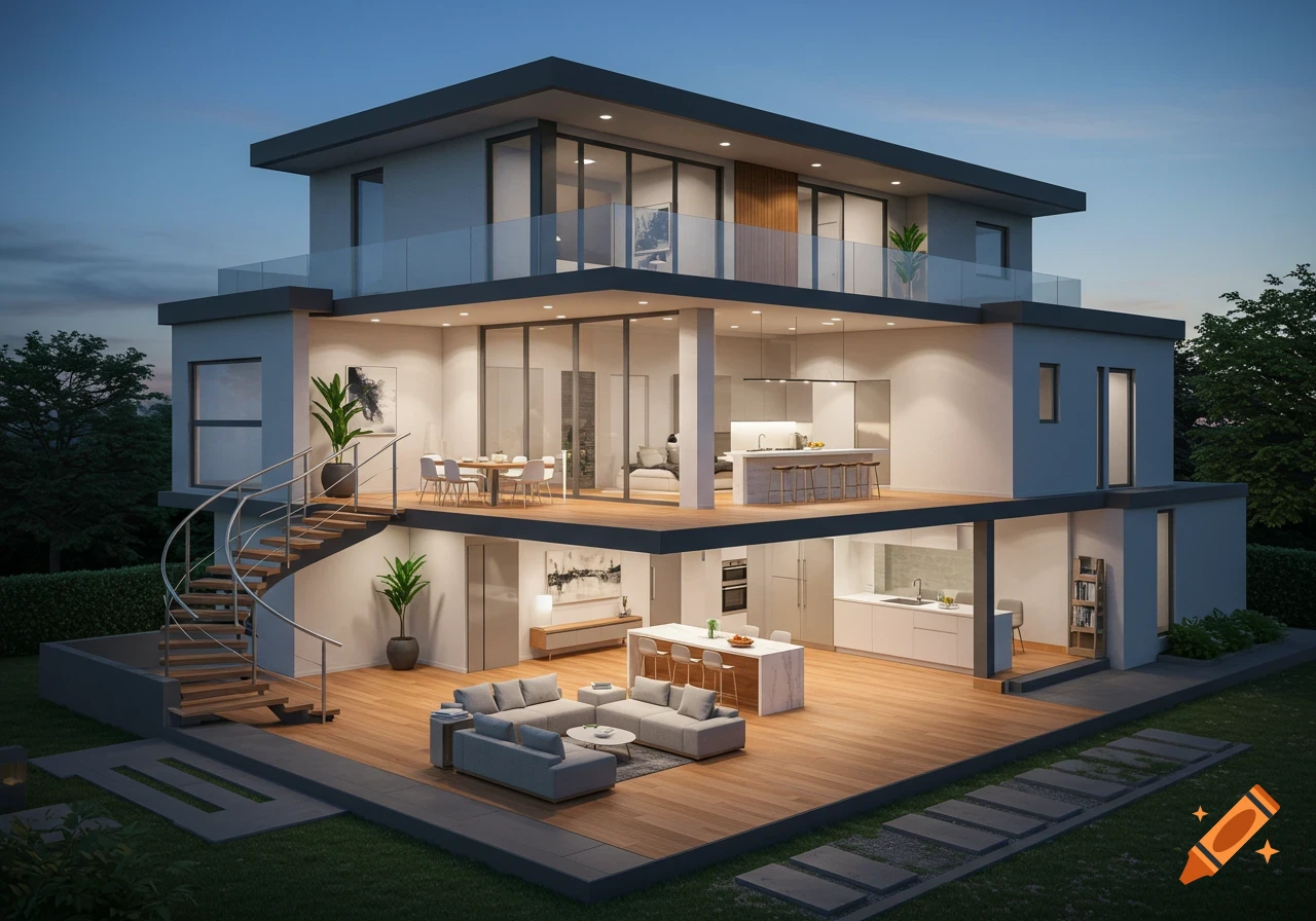 Photorealistic 3D rendering of a modern two-story house, cut away to show furnished interior rooms and an exterior spiral staircase.